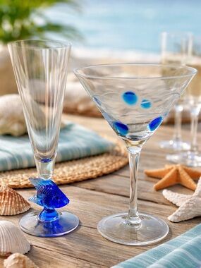 Coastal Bar Cart Glass Set Blue Fish Stem Flute + Martini Glass Quirky Art Glass